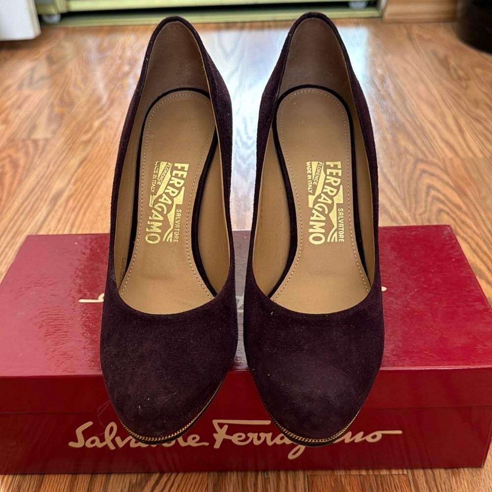 Salvatore Ferragamo Purple Plum Suede Fiamma Z Wedges- Size 7.5B